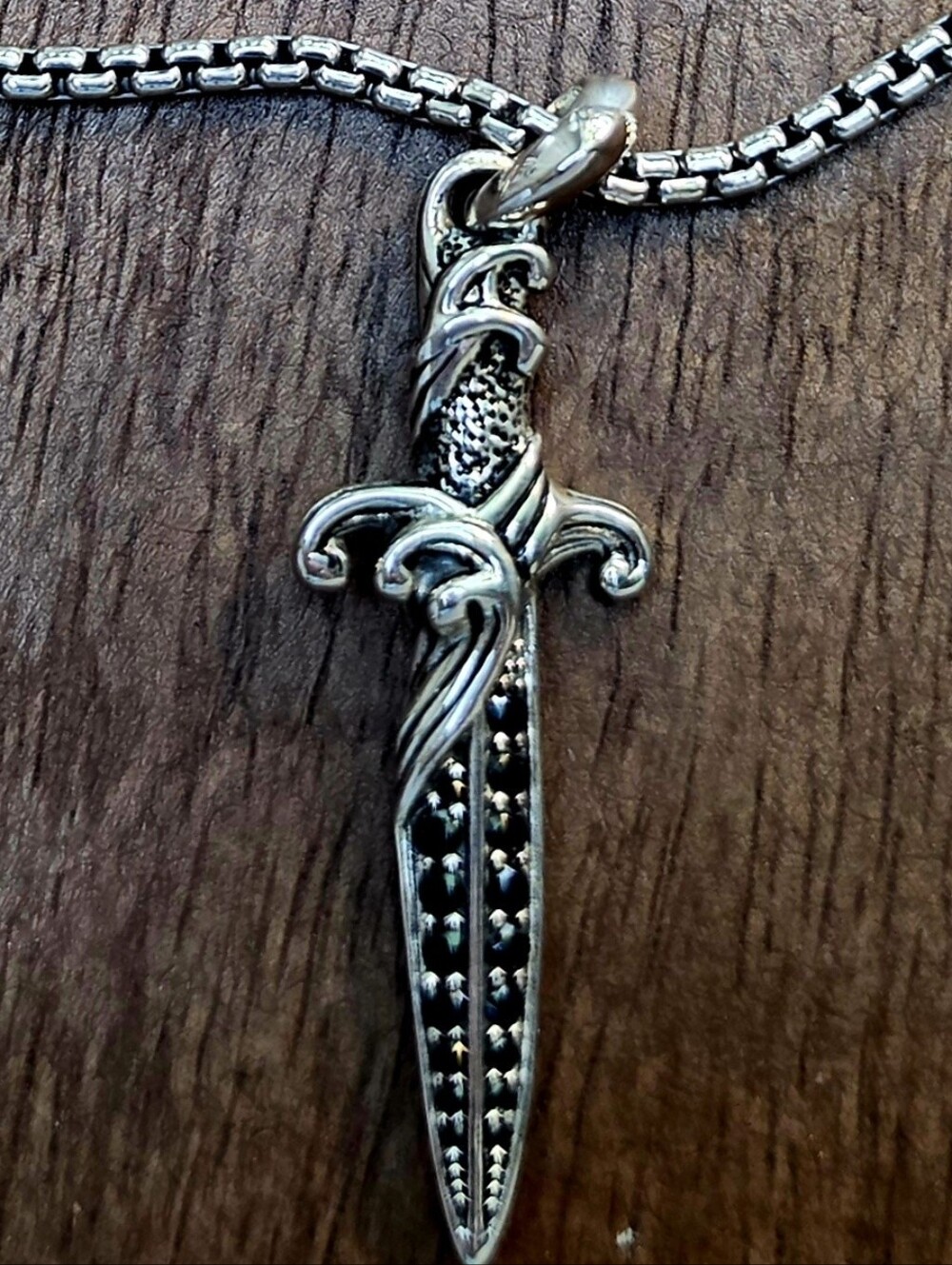 David Yurman Sterling Silver Dagger Amulet Necklace - Black Pave Diamonds